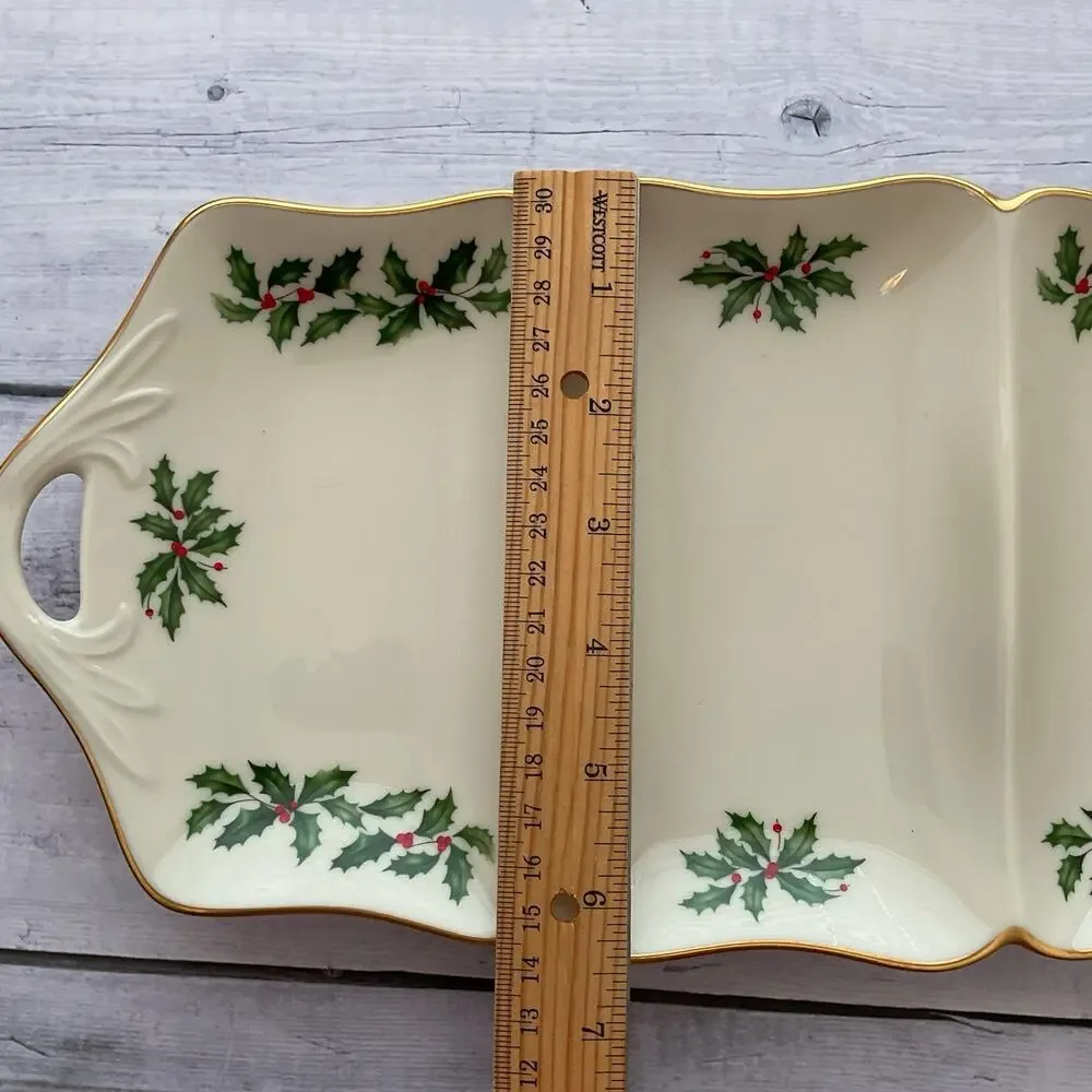 Lenox Holiday Dimension Christmas Relish Tray Divided Rectangular Holly Berries